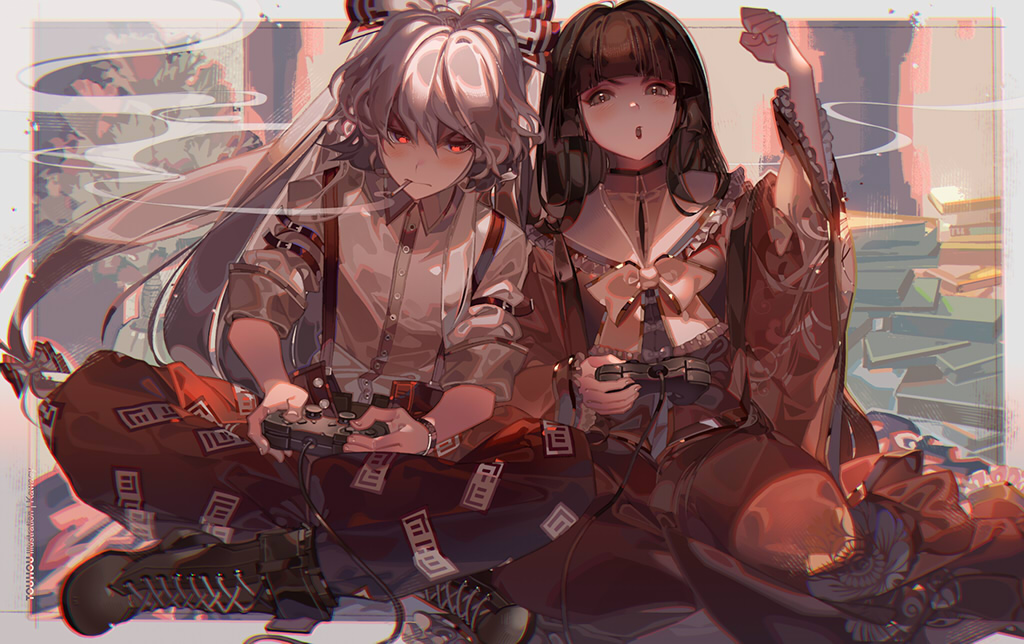 2girls arm_up bangs black_footwear black_hair blunt_bangs blush boots border bow bowtie brown_eyes cigarette clenched_hand closed_mouth collared_shirt commentary_request controller cross-laced_footwear dress_shirt frilled_shirt_collar frills fujiwara_no_mokou grey_border hair_bow hair_ribbon hime_cut holding houraisan_kaguya indian_style japanese_clothes kawacy lace-up_boots long_hair long_sleeves mouth_hold multiple_girls ofuda open_mouth outside_border pants pink_shirt red_eyes red_pants red_skirt ribbon shirt sidelocks silver_hair sitting skirt smoke suspenders touhou v-shaped_eyebrows very_long_hair white_bow white_neckwear white_shirt wide_sleeves