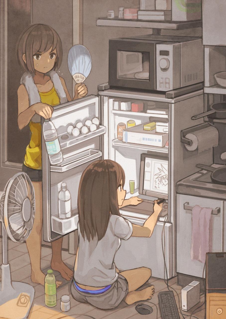 2girls bangs barefoot bottle brown_eyes brown_hair collarbone computer computer_tower drawing drawing_tablet electric_fan fan from_behind highres holding holding_bottle indian_style indoors keyboard_(computer) kitchen long_hair monitor mouse_(computer) multiple_girls original panties panty_peek paper_fan refrigerator refrigerator_interior short_hair shorts sideways_mouth sitting standing sweat tomioka_jirou towel towel_around_neck uchiwa underwear water_bottle wooden_floor yellow_tank_top yellow_top