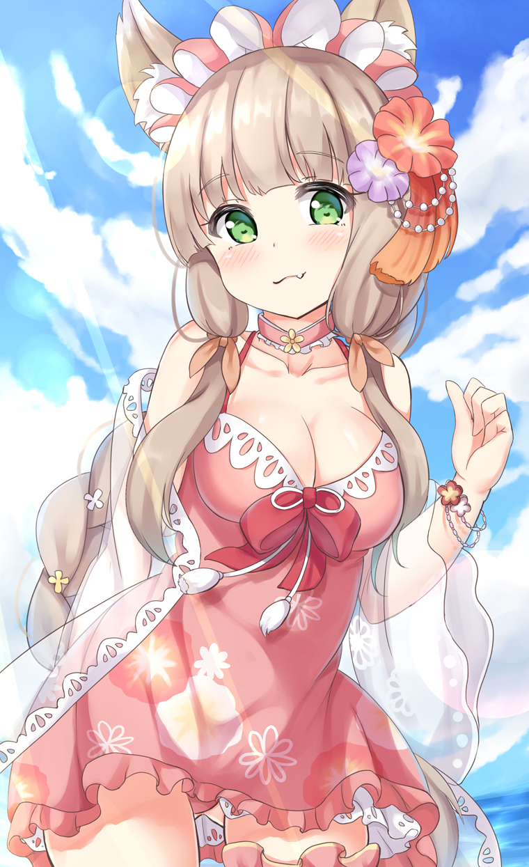 1girl animal_ear_fluff animal_ears bare_shoulders blue_sky blush bracelet braid breasts brown_hair brown_ribbon choker cleavage closed_mouth cloud cloudy_sky collarbone day dress fang fang_out floral_print hair_ribbon hand_up highres himemiya_maho jewelry keiran_(ryo170) large_breasts long_hair long_sleeves looking_at_viewer outdoors pink_choker pink_dress princess_connect! princess_connect!_re:dive print_dress ribbon see-through see-through_sleeves sidelocks single_braid sky sleeveless sleeveless_dress solo very_long_hair water wide_sleeves
