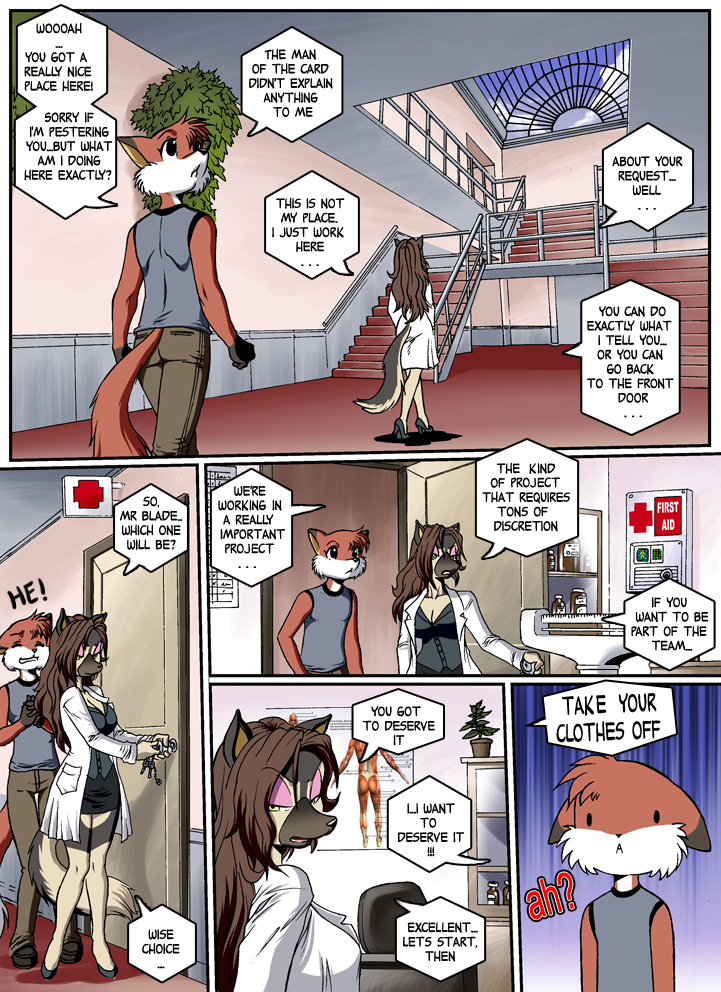 anatomy anthro blank_stare bottomwear canid canine charm_(chochi) chochi clothed clothing comic dialogue doctor doctor's_office duo english_text female footwear fox high_heels lab_coat lovely_pets male mammal medical mike_blade shoes skirt skylight stairs text