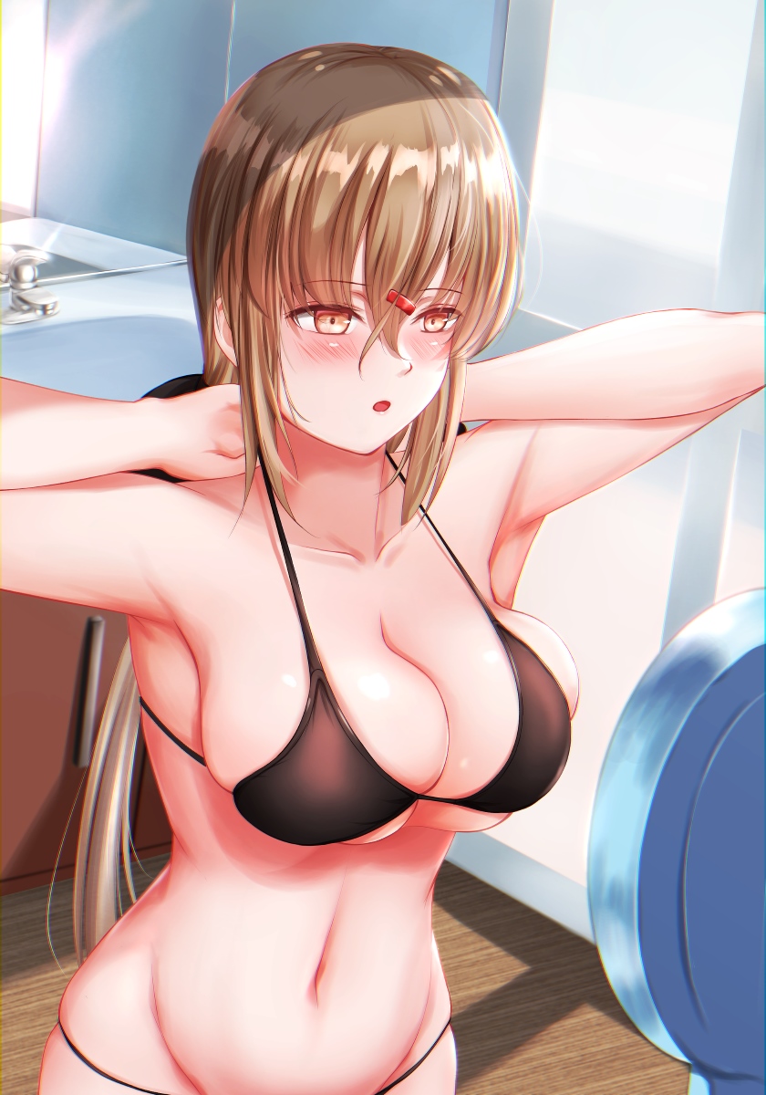 1girl alternate_breast_size bikini black_bikini black_bow blush bow breasts brown_eyes brown_hair glass_door hair_bow hair_ornament hairclip highres kantai_collection large_breasts libra long_hair low_twintails mirror navel open_mouth sabakuomoto solo swimsuit tashkent_(kantai_collection) twintails
