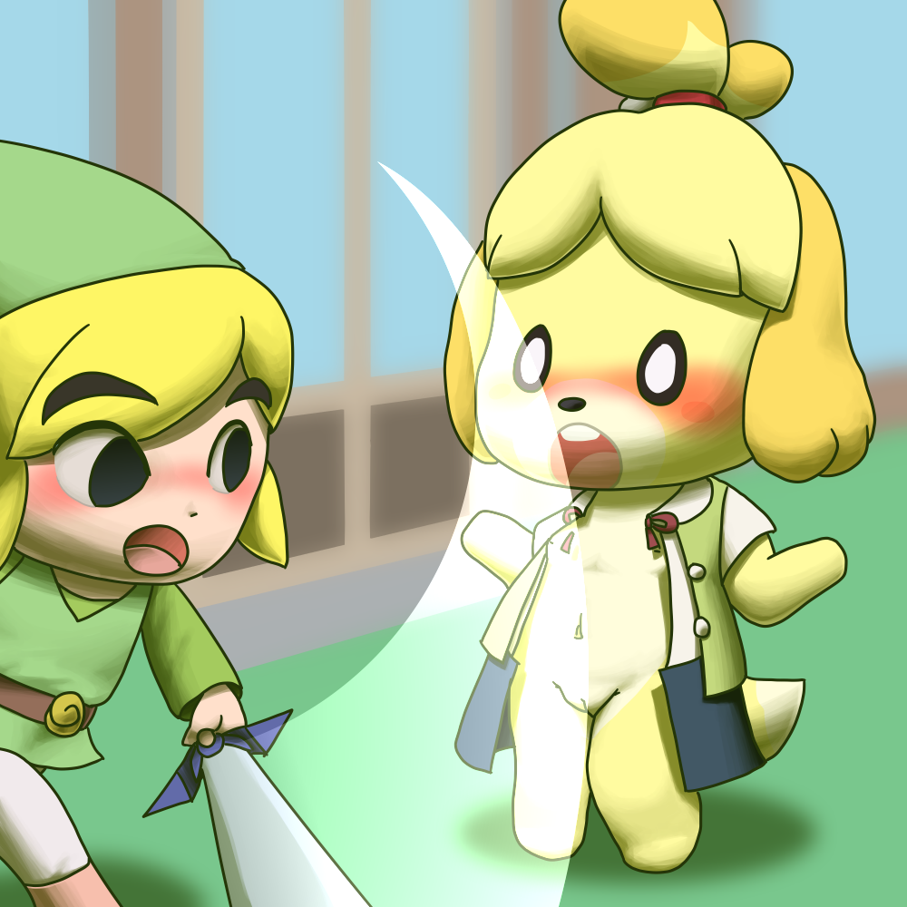 1:1 accidental_exposure animal_crossing anthro assisted_exposure blonde_hair blush bottomwear canid canine canis clothing domestic_dog duo female flat_chested fur green_clothing hair hat headgear headwear holding_object holding_sword holding_weapon humanoid hylian isabelle_(animal_crossing) male mammal melee_weapon motion_lines nintendo open_mouth pants paws pussy shih_tzu skirt super_smash_bros. surprise sword the_legend_of_zelda toon_link torn_clothing toy_dog video_games wardrobe_malfunction weapon white_bottomwear white_clothing white_pants wind_waker yellow_fur 九尾