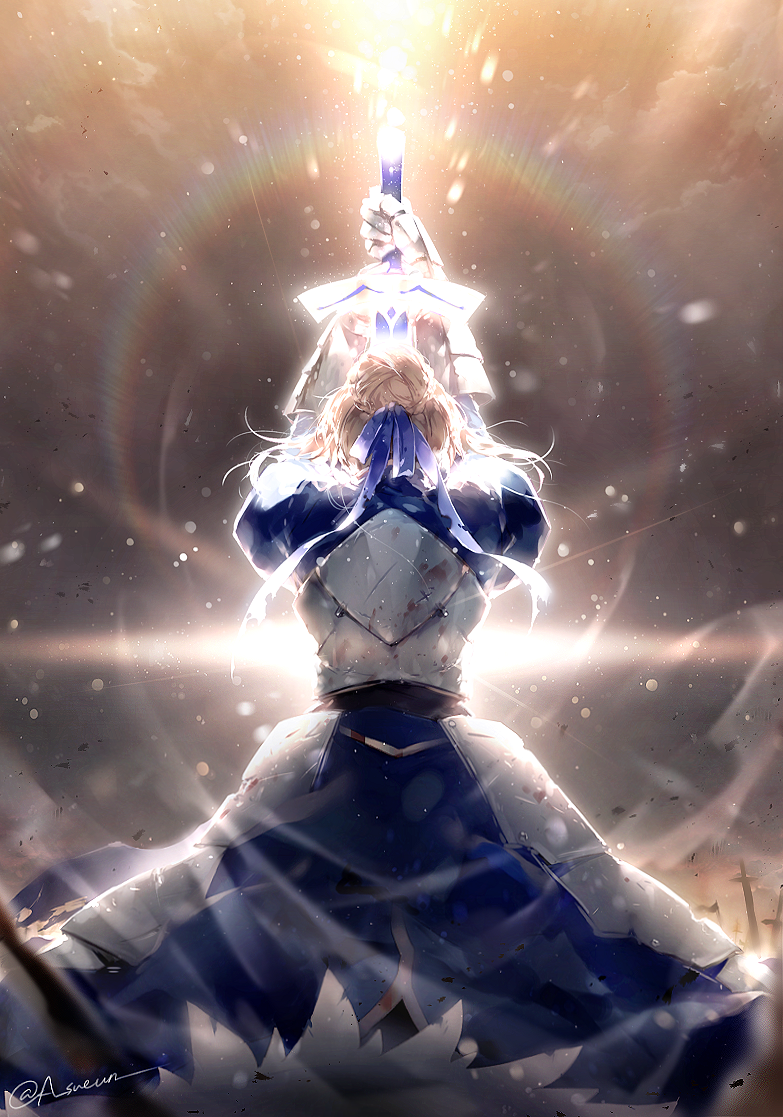1girl armor armored_dress arms_up artoria_pendragon_(all) blonde_hair blood blue_dress blue_ribbon cloud cloudy_sky commentary_request dress excalibur facing_away fate/stay_night fate_(series) gauntlets glowing glowing_sword glowing_weapon h_sueun hair_bun hair_ribbon holding holding_sword holding_weapon lens_flare outdoors planted_sword planted_weapon ribbon saber sky solo sword twitter_username weapon wind