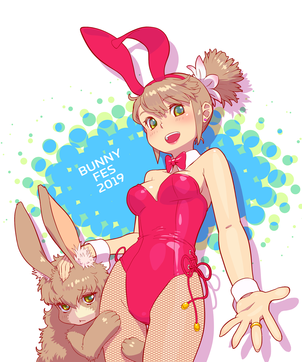 1girl 1other animal_ears bow bowtie breasts brown_hair bunny bunny_ears bunny_girl bunny_tail bunnysuit commentary_request cowboy_shot detached_collar fukusuke_hachi-gou green_eyes hand_on_another's_head highres leotard lipstick looking_at_viewer makeup open_mouth original pantyhose red_leotard red_neckwear short_hair side_ponytail small_breasts smile strapless strapless_leotard tail two-tone_background upper_teeth wrist_cuffs
