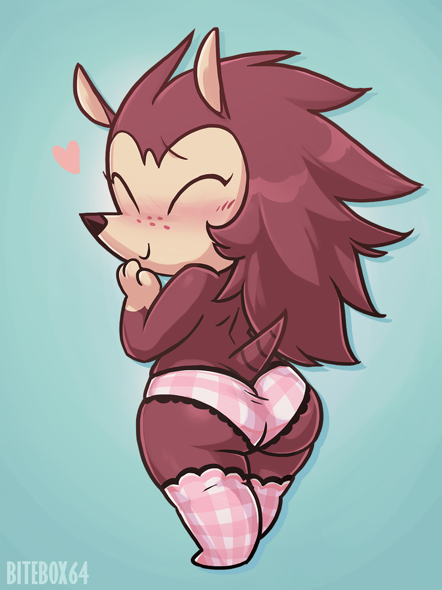 &lt;3 abstract_background animal_crossing anthro bitebox64 blush butt clothed clothing eulipotyphlan eyes_closed female freckles hedgehog hi_res legwear mammal nintendo panties sable_able short_stack simple_background smile solo standing three-quarter_view underwear video_games wide_hips