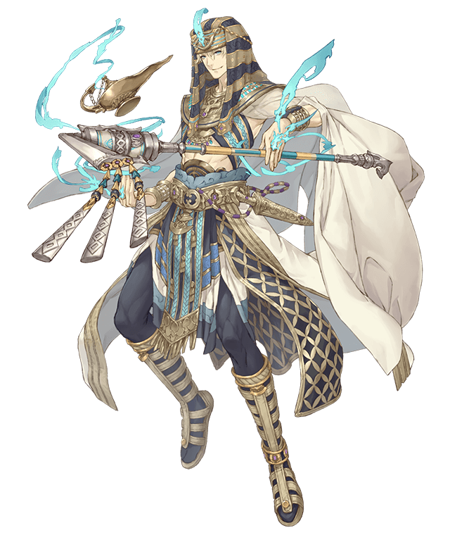 1boy abs aladdin_(sinoalice) blonde_hair blue_eyes bracelet cloak dagger egyptian_clothes full_body gold_trim holding holding_staff jewelry ji_no looking_at_viewer midriff nemes official_art oil_lamp pelvic_curtain sandals sinoalice smile solo staff transparent_background waist_cape weapon
