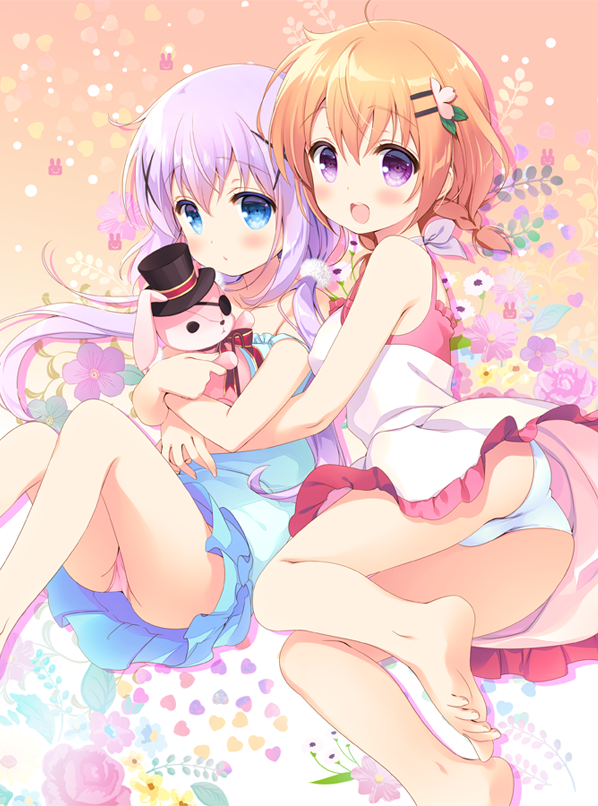 2girls :d barefoot black_headwear blue_dress blue_eyes blue_panties blush breasts brown_hair closed_mouth commentary_request dress ears_through_headwear eyepatch floral_background frilled_dress frills gochuumon_wa_usagi_desu_ka? hat hoto_cocoa kafuu_chino long_hair medium_breasts multiple_girls object_hug open_mouth panties pink_panties purple_eyes purple_hair santa_matsuri sleeveless sleeveless_dress smile soles stuffed_animal stuffed_bunny stuffed_toy toenails top_hat underwear upper_teeth very_long_hair white_dress