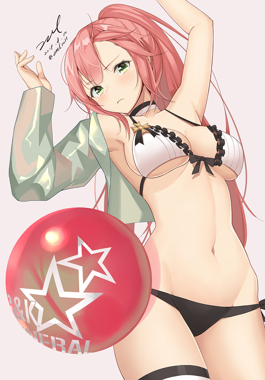 1girl arm_up armpits ball bare_arms bare_shoulders bikini black_bikini_bottom breasts choker cleavage closed_mouth collarbone cowboy_shot cropped_jacket dated frilled_bikini frills frown girls_frontline green_eyes green_jacket groin hand_up highres jacket long_hair long_sleeves looking_at_viewer medium_breasts mismatched_bikini navel open_clothes open_jacket pink_hair ponytail r93_(girls_frontline) side-tie_bikini signature solo star swimsuit thigh_strap twitter_username unel white_bikini_top