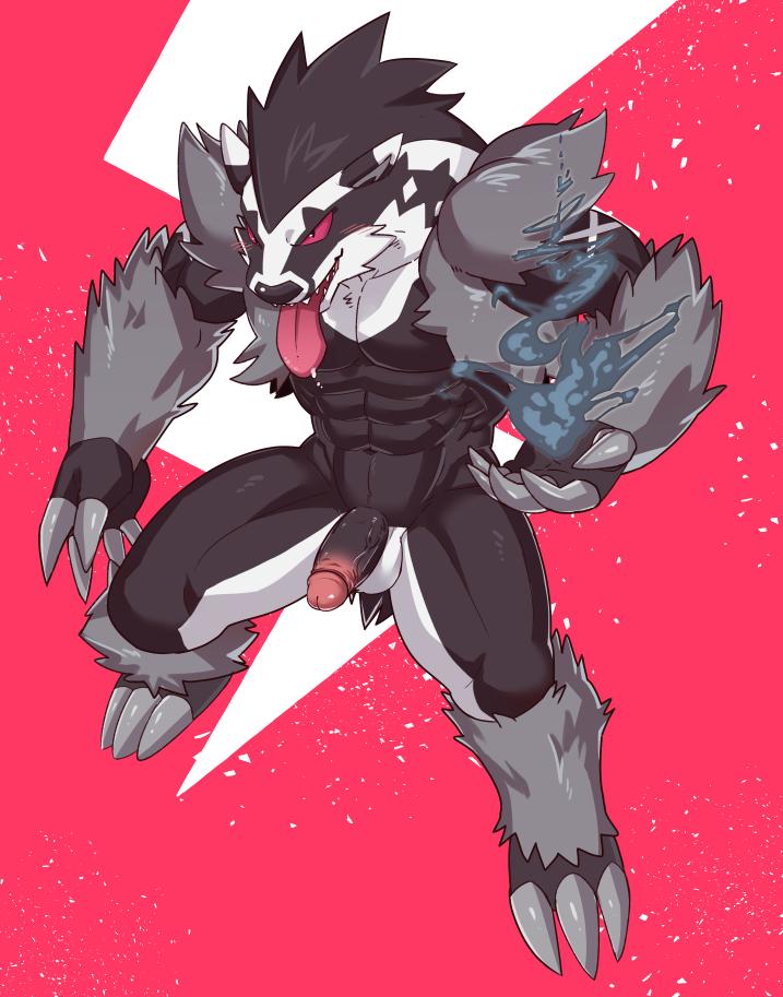 2019 alternate_version_at_source anthro balls black_fur chang52084 claws erection front_view fur humanoid_penis male mammal mustelid nintendo nude obstagoon penis pok&eacute;mon pok&eacute;mon_(species) simple_background smile solo standing tongue video_games white_fur