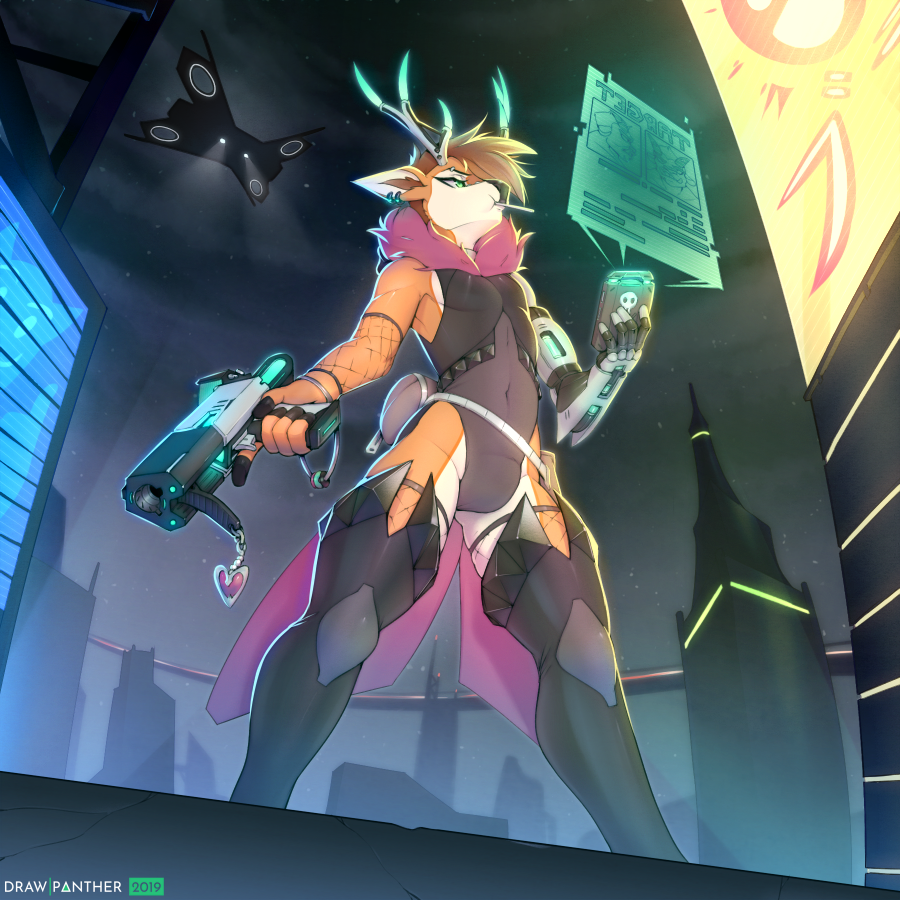 1:1 anthro antlers bulge candy cervid city clothed clothing crossdressing drawpanther fishnet food girly gun horn legwear lollipop male mammal night outside phone ranged_weapon solo standing technology thigh_highs tight_clothing weapon