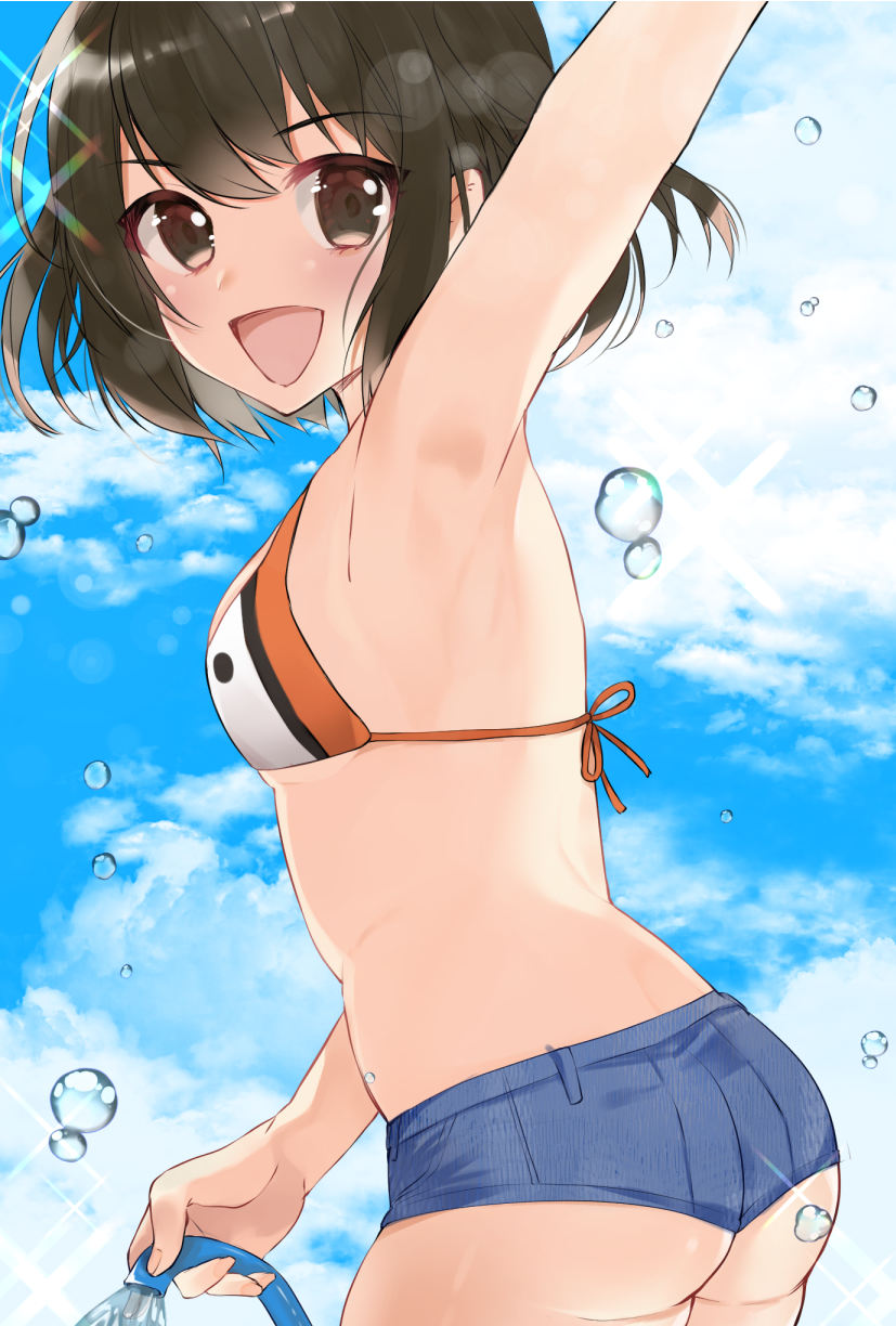 1girl adapted_costume ass bikini black_hair blue_sky brown_eyes cloud commentary_request cowboy_shot day denim denim_shorts from_behind highres hose kantai_collection looking_at_viewer mof_siromimi open_mouth orange_bikini orange_bikini_top outdoors sendai_(kantai_collection) short_hair short_shorts shorts sky smile solo standing swimsuit water