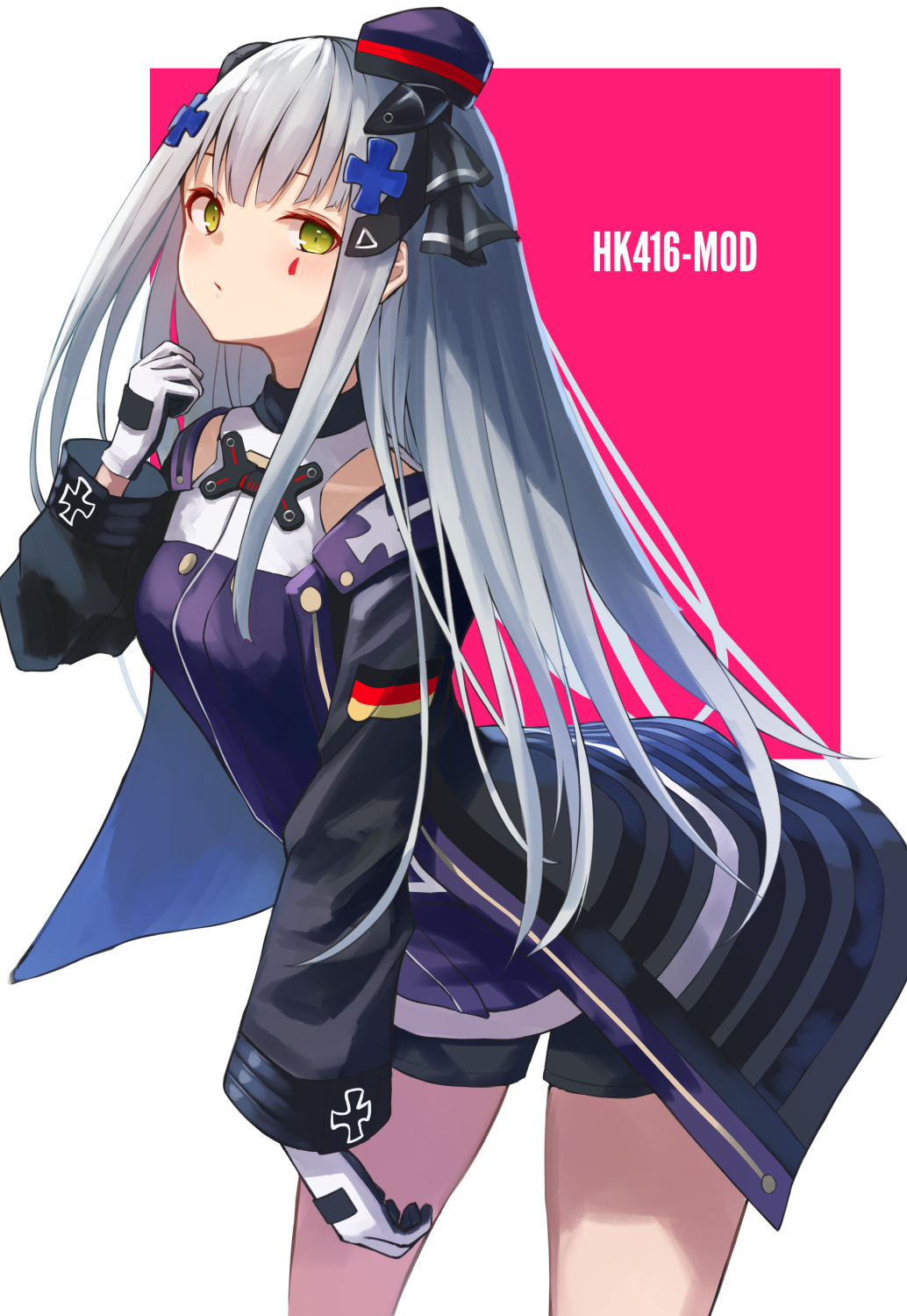 1girl black_jacket black_shorts character_name closed_mouth cowboy_shot cross_hair_ornament expressionless facial_mark girls_frontline gloves green_eyes hair_ornament hat highres hk416_(girls_frontline) jacket knoy3356 leaning_forward long_hair long_sleeves looking_at_viewer military military_uniform mini_hat mod3_(girls_frontline) open_clothes open_jacket purple_shirt shirt short_shorts shorts sidelocks silver_hair sleeveless sleeveless_shirt solo standing thighs two-tone_background uniform very_long_hair white_gloves