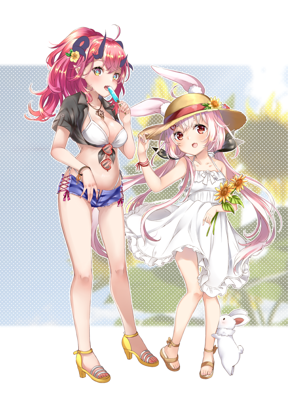 +_+ 2girls ahoge animal animal_ear_fluff animal_ears arm_up bangs bikini bikini_under_clothes black_shirt blue_shorts breasts brown_eyes bunny bunny_ears cleavage collarbone collared_shirt commentary_request crop_top crossover demon_horns dress eyebrows_visible_through_hair eyewear_hang eyewear_removed fang flower food front-tie_top hair_between_eyes hair_ornament hairclip hand_on_headwear hat heart heart-shaped_eyewear high_heels highleg highleg_bikini highres holding holding_food horns leg_hug legs long_hair low_twintails magrona magrona_channel mashiro_aa medium_breasts micro_shorts multiple_girls open_clothes open_fly open_mouth open_shorts pink_hair ponytail popsicle red-framed_eyewear red_eyes red_hair ribbon sandals shirt shorts smile sun_hat sundress sunflower swimsuit tied_shirt toes tomari_mari tomari_mari_channel twintails very_long_hair virtual_youtuber white_bikini white_dress wind wind_lift yellow_footwear