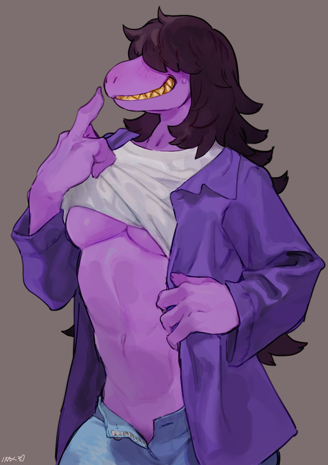 4_fingers anthro bebebebebe blush bodily_fluids breasts clothed clothing deltarune female fingers hair hair_over_eyes hi_res long_hair non-mammal_breasts open_jacket open_pants pubes purple_skin raised_clothing raised_shirt reptile scalie simple_background smile solo susie_(deltarune) sweat sweatdrop teeth under_boob video_games