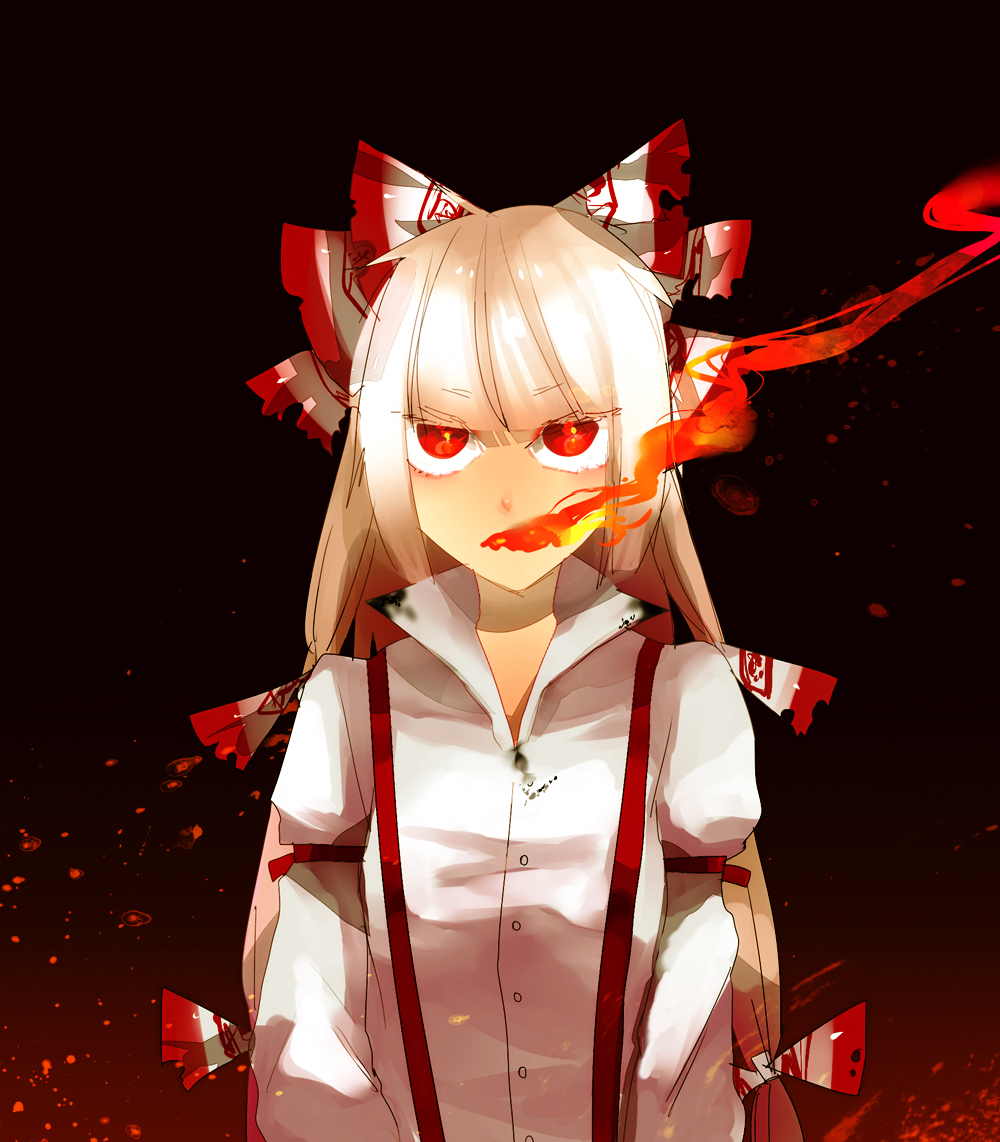 1girl arm_garter bow breathing_fire burnt_clothes fiery_pupils fire flame fujiwara_no_mokou hachimillion hair_bow long_hair long_sleeves red_eyes shirt simple_background solo suspenders touhou very_long_hair white_hair white_shirt