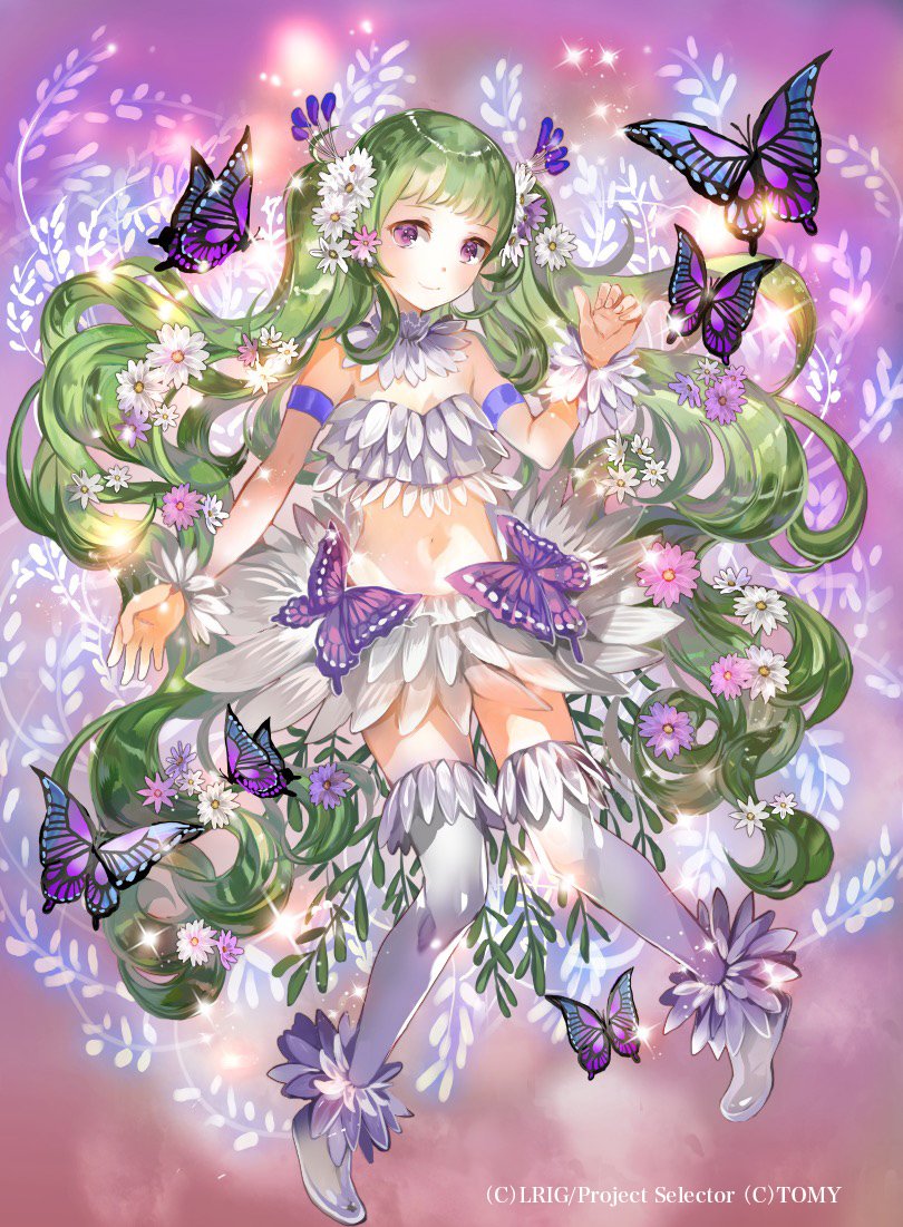 1girl absurdly_long_hair armband bangs bare_shoulders boots bug butterfly closed_mouth crop_top detached_collar flower full_body glint gradient gradient_background green_hair hair_flower hair_ornament hand_up insect leaf long_hair looking_at_viewer midriff miniskirt navel pink_flower plant purple_background purple_eyes rioka_(southern_blue_sky) skirt smile solo thigh_boots thighhighs twintails very_long_hair vines watermark wavy_hair white_flower white_footwear white_skirt wixoss zettai_ryouiki