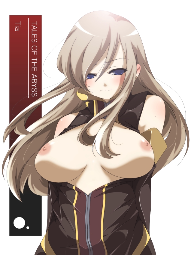 bad_id bad_pixiv_id bare_shoulders blue_eyes breasts brown_hair character_name copyright_name large_breasts long_hair nipples no_bra open_clothes open_shirt shirt tales_of_(series) tales_of_the_abyss tear_grants yamazaki_kazu