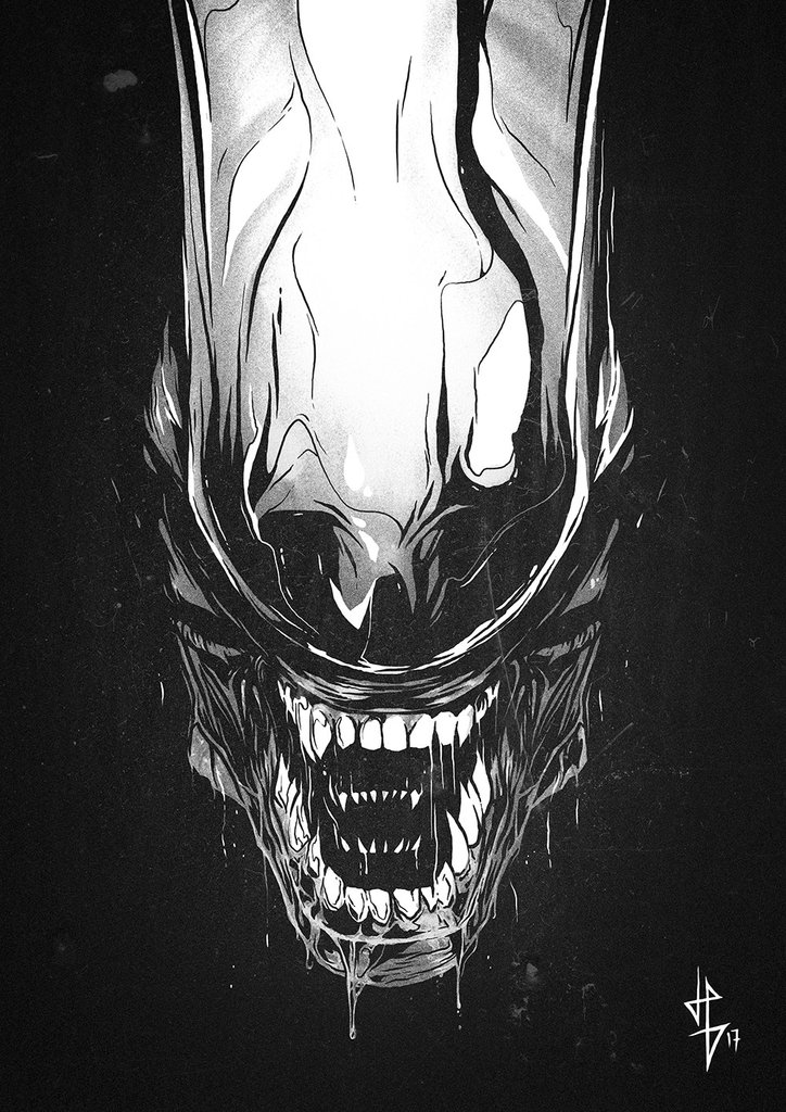 2017 alien alien_(franchise) black_background eyeless fangs harrymovieart humanoid looking_at_viewer monochrome movie_poster not_furry open_mouth saliva simple_background solo teeth xenomorph