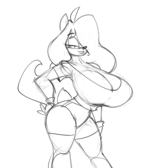 1:1 activision animated anthro bandicoot big_breasts bigdad breasts clothed clothing crash_bandicoot_(series) curvaceous female greyscale hair hair_over_eye huge_breasts makeup mammal marsupial monochrome nipples shirt_up sketch smile solo standing tawna_bandicoot video_games wide_hips