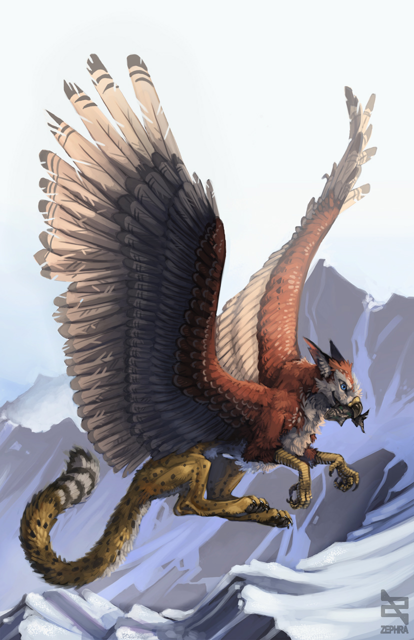 avian blue_eyes break_(disambiguation) brown_fur cheetah claws detailed_background digitigrade feathered_wings feathers felid feline feral flying fur fynath gryphon hi_res male mammal mountain nude pawpads snow solo spots spotted_fur talons toe_claws wings yellow_fur zephra