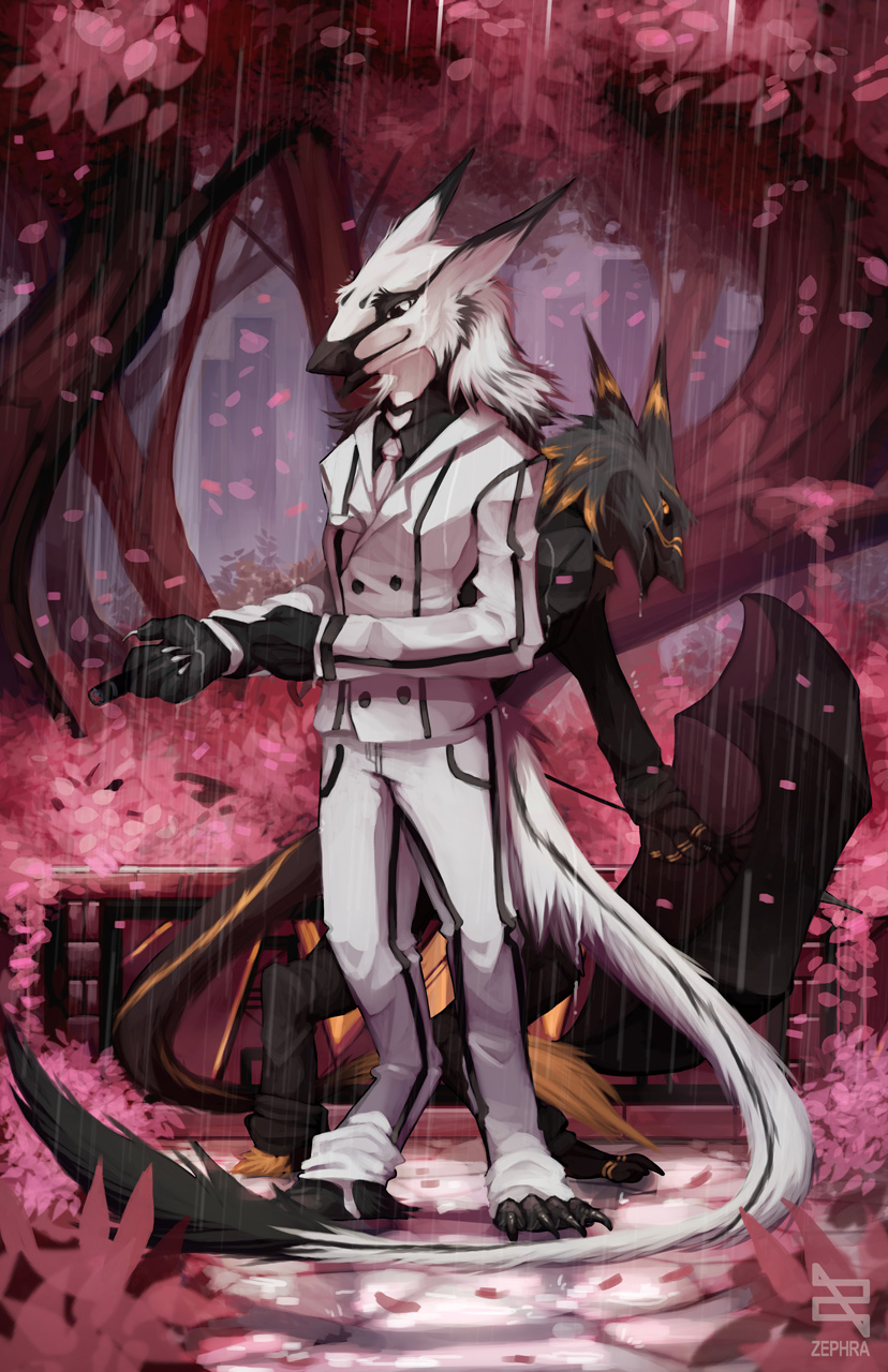 bareffor black_fur black_sclera cherry_blossom cigar city claws clothed clothing detailed_background duo fully_clothed fur grey_fur hair hi_res male necktie park plant raining sergal slit_pupils smile standing suit tail_tuft toe_claws tree tuft umbrella white_eyes white_fur yellow_eyes zephra