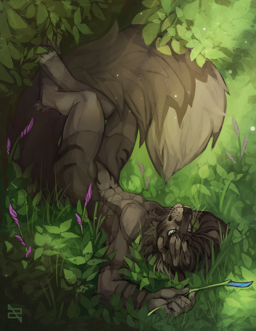 anthro big_tail blue_eyes canid canine claws featureless_crotch fluffy fluffy_tail fox fur grass grey_fur hair hi_res legs_up lying male mammal nude on_back outside smile solo striped_fur stripes whiskers zephra