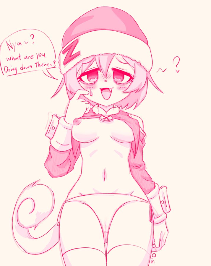 &lt;3 2019 5_fingers ? anthro blush breasts camel_toe clothed clothing cute_fangs dialogue domestic_cat english_text fangs felid feline felis female fingers flashing hair hat headgear headwear jessie-katcat_(artist) looking_at_viewer mammal monochrome navel nipples one_breast_out open_mouth open_shirt portrait short_hair simple_background solo standing text three-quarter_portrait white_background