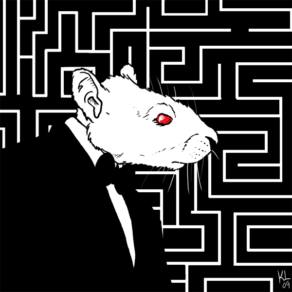 1:1 2009 anthro black_nose bow_tie clothing digital_media_(artwork) fur lundsfryd male mammal maze mouse murid murine no_pupils red_eyes rodent solo suit whiskers white_fur