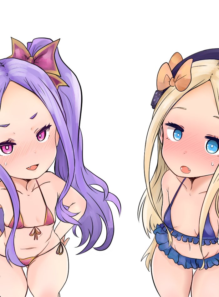 abigail_williams_(fate/grand_order) bikini bikini_bottom bikini_top blonde_hair bow eyebrows_visible_through_hair fate/grand_order fate_(series) forehead frilled_bikini frills hair_bow hat long_hair micro_bikini orange_bow purple_eyes purple_hair side-tie_bikini swimsuit very_long_hair witch_hat wu_zetian_(fate/grand_order)