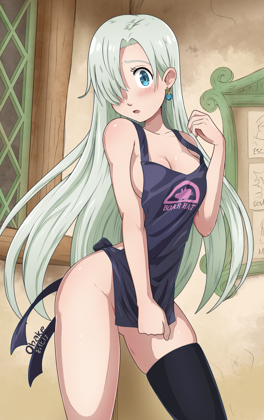 1girl apron artist_name ass_visible_through_thighs black_legwear blue_earrings blue_eyes blush breasts earrings elizabeth_liones hair_over_one_eye highres indoors jewelry long_hair looking_at_viewer medium_breasts naked_apron nanatsu_no_taizai obakeart silver_hair single_thighhigh smile solo standing thighhighs window