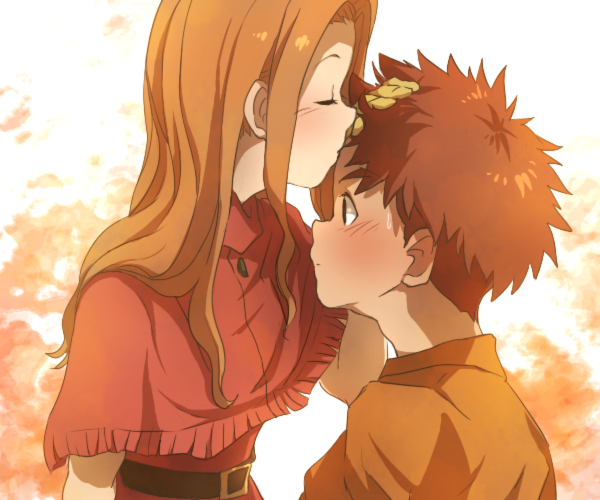 1boy 1girl blush brown_eyes brown_hair closed_mouth commentary_request digimon digimon_adventure gloves izumi_koushirou kiss long_hair mimxxpk shirt tachikawa_mimi