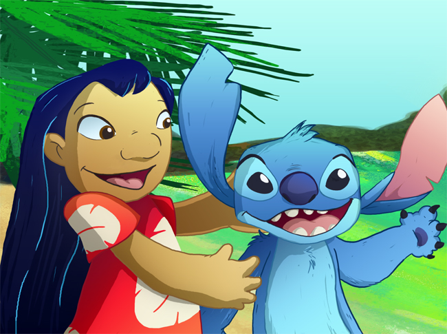 2014 5_fingers alien black_claws black_eyes black_hair blue_fur blue_nose blue_pawpads brown_eyes chest_tuft claws clothed clothing day digital_media_(artwork) disney duo experiment_(lilo_and_stitch) fingers fur hair head_tuft human lilo_and_stitch lilo_pelekai looking_at_another looking_at_viewer mammal muumuu notched_ear open_mouth open_smile outside pawpads punthead red_clothing smile stitch_(lilo_and_stitch) tuft young