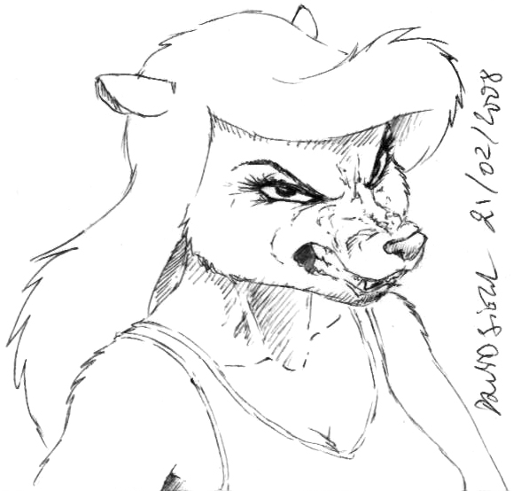 2008 angry animaniacs anthro asthexiancal breasts cleavage clothed clothing female fur hair mammal minerva_mink mink mustelid musteline shirt solo tank_top topwear warner_brothers