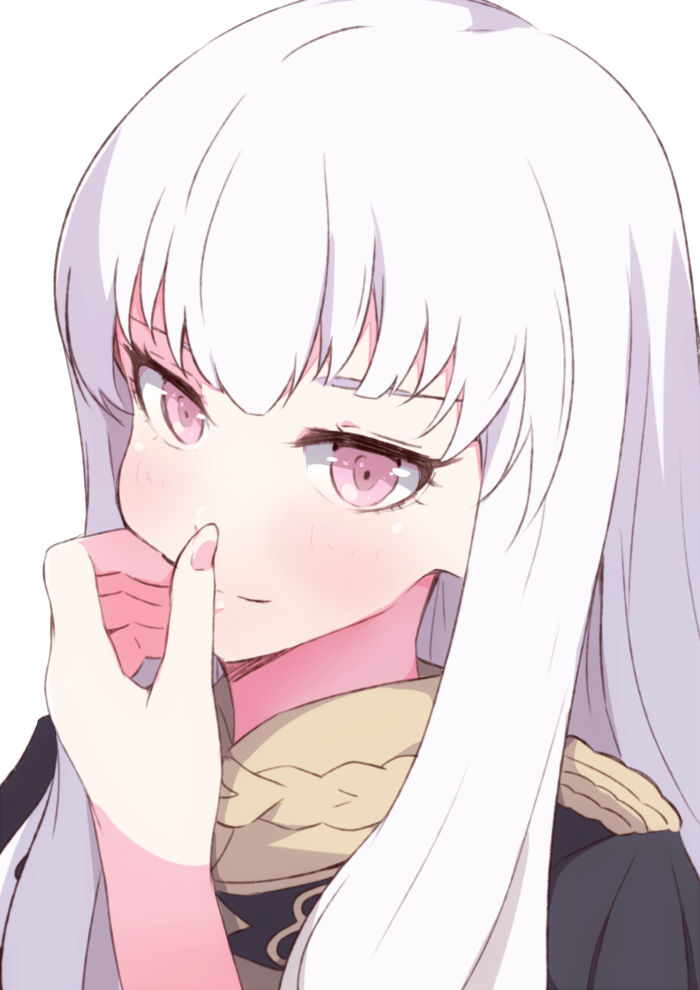 1girl bangs black_jacket blush closed_mouth enelis eyebrows_behind_hair fingernails fire_emblem fire_emblem:_three_houses hand_to_own_mouth hand_up jacket long_hair looking_at_viewer lysithea_von_ordelia pink_eyes silver_hair simple_background smile solo tsurime upper_body white_background