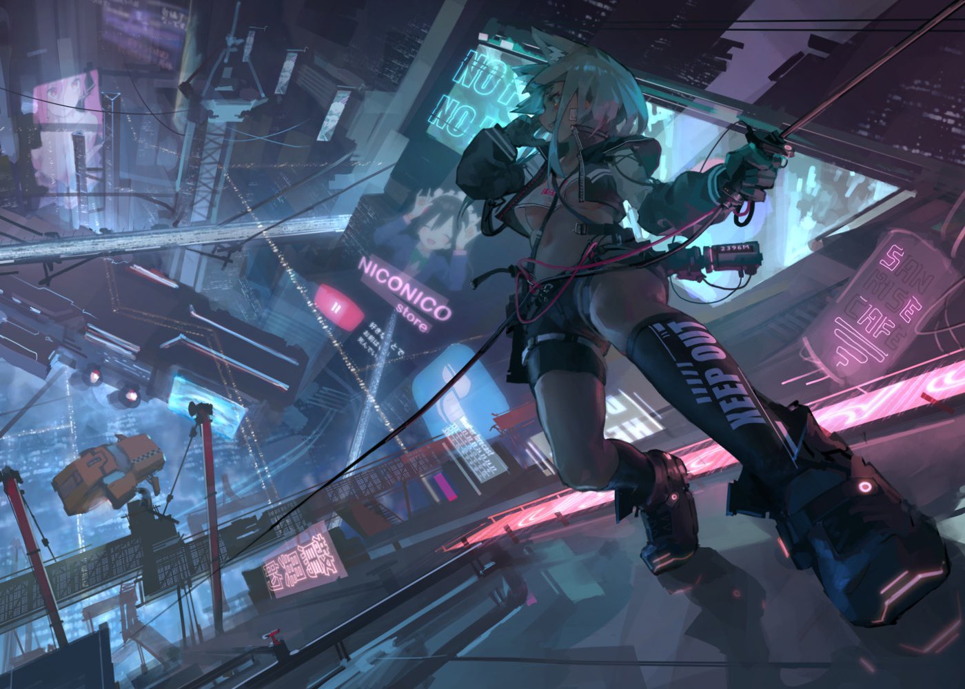 1girl aamond aircraft airship animal_ear_fluff animal_ears bandage_on_face black_legwear boots breasts building cable cat_ears catwalk caution_tape city crane crop_top crop_top_overhang cropped_jacket full_body gloves jacket keep_out midriff navel nico_nico_nii night open_clothes open_jacket original outdoors rappelling rope science_fiction shorts sidelocks sign skyscraper taxi thighhighs underboob yazawa_nico