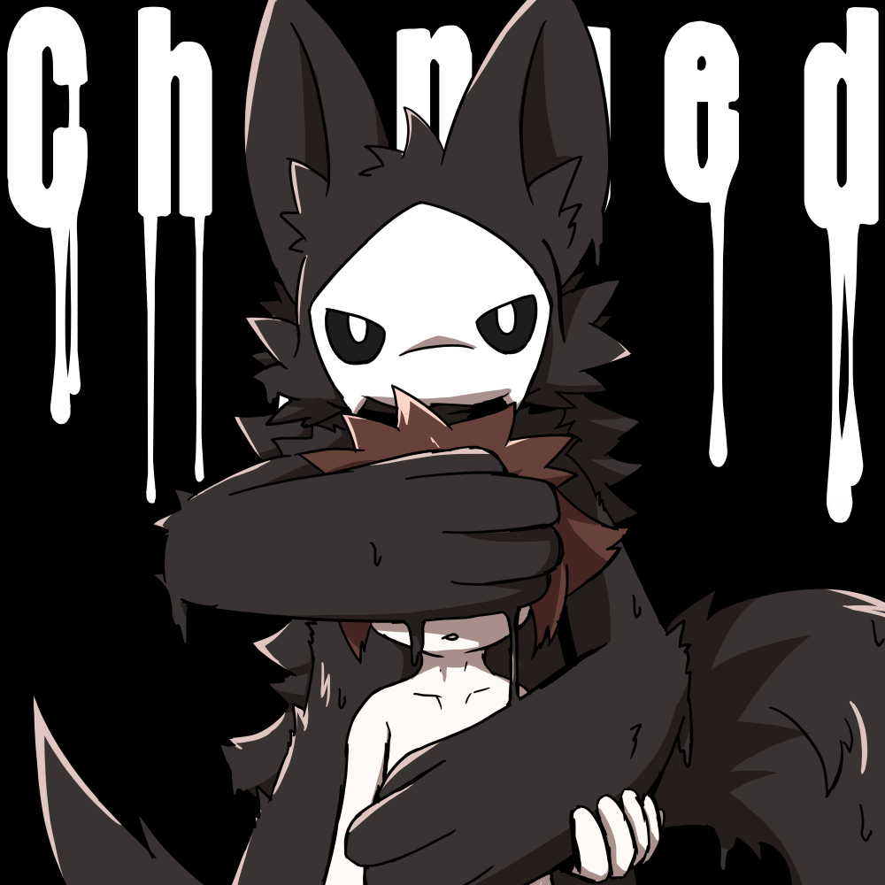 1:1 2018 biped black_fur canid canine canis changed_(video_game) dripping duo english_text fluffy fur goo_creature human lin_(changed) mammal mask paws puro_(changed) rubber text wolf マジックボックス