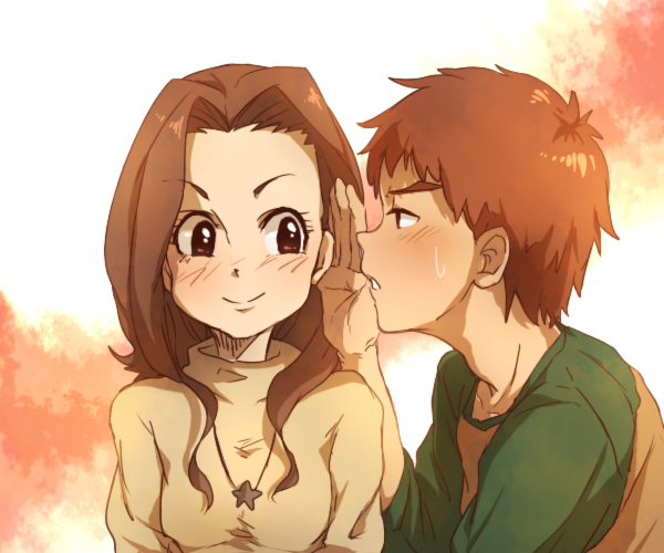 1boy 1girl brown_eyes brown_hair commentary_request digimon digimon_adventure izumi_koushirou jewelry long_hair looking_at_another mimxxpk necklace open_mouth shirt smile tachikawa_mimi