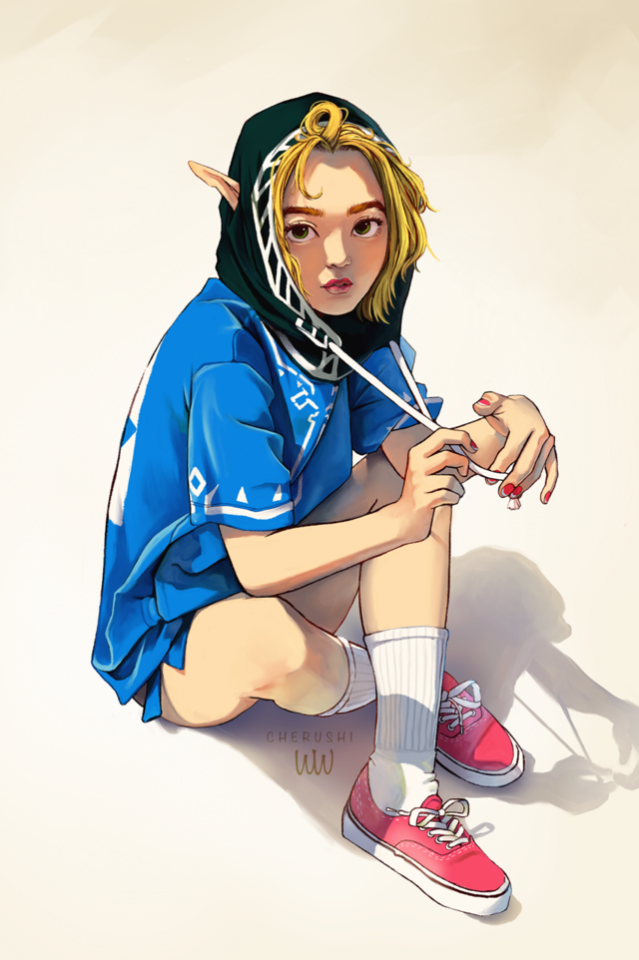 1girl adapted_costume blonde_hair cherushi commentary contemporary crossed_ankles english_commentary forehead green_eyes hood hood_up looking_at_viewer nail_polish pointy_ears princess_zelda red_footwear shadow shoes short_hair sitting sneakers socks solo the_legend_of_zelda the_legend_of_zelda:_breath_of_the_wild the_legend_of_zelda:_breath_of_the_wild_2 thick_eyebrows tube_socks