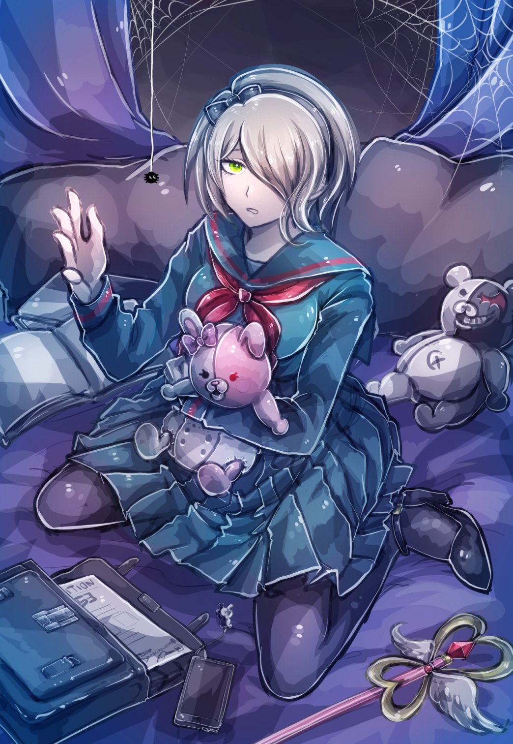 1girl alternate_costume bag black_footwear black_gloves black_legwear black_pillow black_skirt blonde_hair bug commentary_request danganronpa dress full_body gloves green_eyes hair_over_one_eye highres long_sleeves looking_at_viewer monokuma monomi_(danganronpa) new_danganronpa_v3 pantyhose pillow riyuta shirt shoes short_hair silk sitting skirt solo spider spider_web staff toujou_kirumi