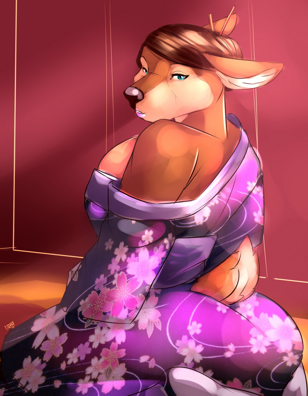 anthro breasts cervid clothed clothing female hair hi_res japanese_clothing kimono kneeling looking_at_viewer makeup mammal neph solo