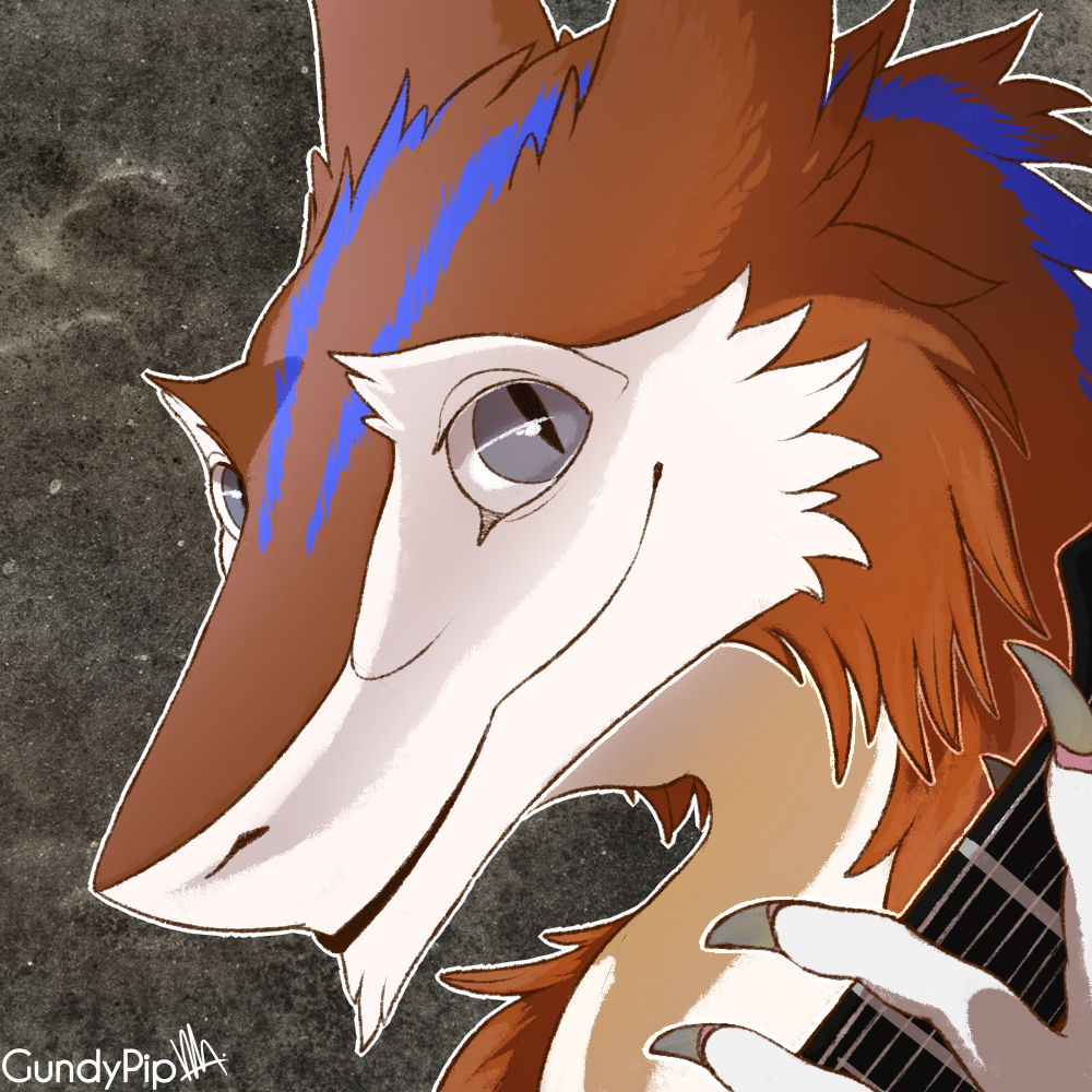 1:1 2019 abstract_background ambiguous_gender anthro blue_stripes brown_fur claws countershade_face countershading digital_media_(artwork) english_text fur grey_eyes guitar gundypip headshot_portrait icon malafax mammal musical_instrument outline playing_guitar playing_music portrait purple_stripes sergal signature slit_pupils smile snout solo stripes text white_countershading white_fur