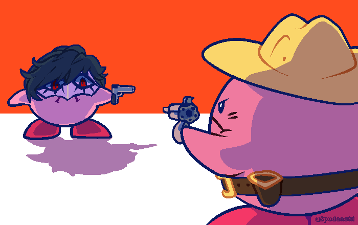 ambiguous_gender atlus black_hair clothing cosplay cowboy_hat duo gun hair hat headgear headwear holding_object holding_weapon kirby kirby_(series) mask megami_tensei megami_tensei_persona nintendo ranged_weapon red_background red_eyes ren_amamiya shadow simple_background spudenski video_games waddling_head weapon