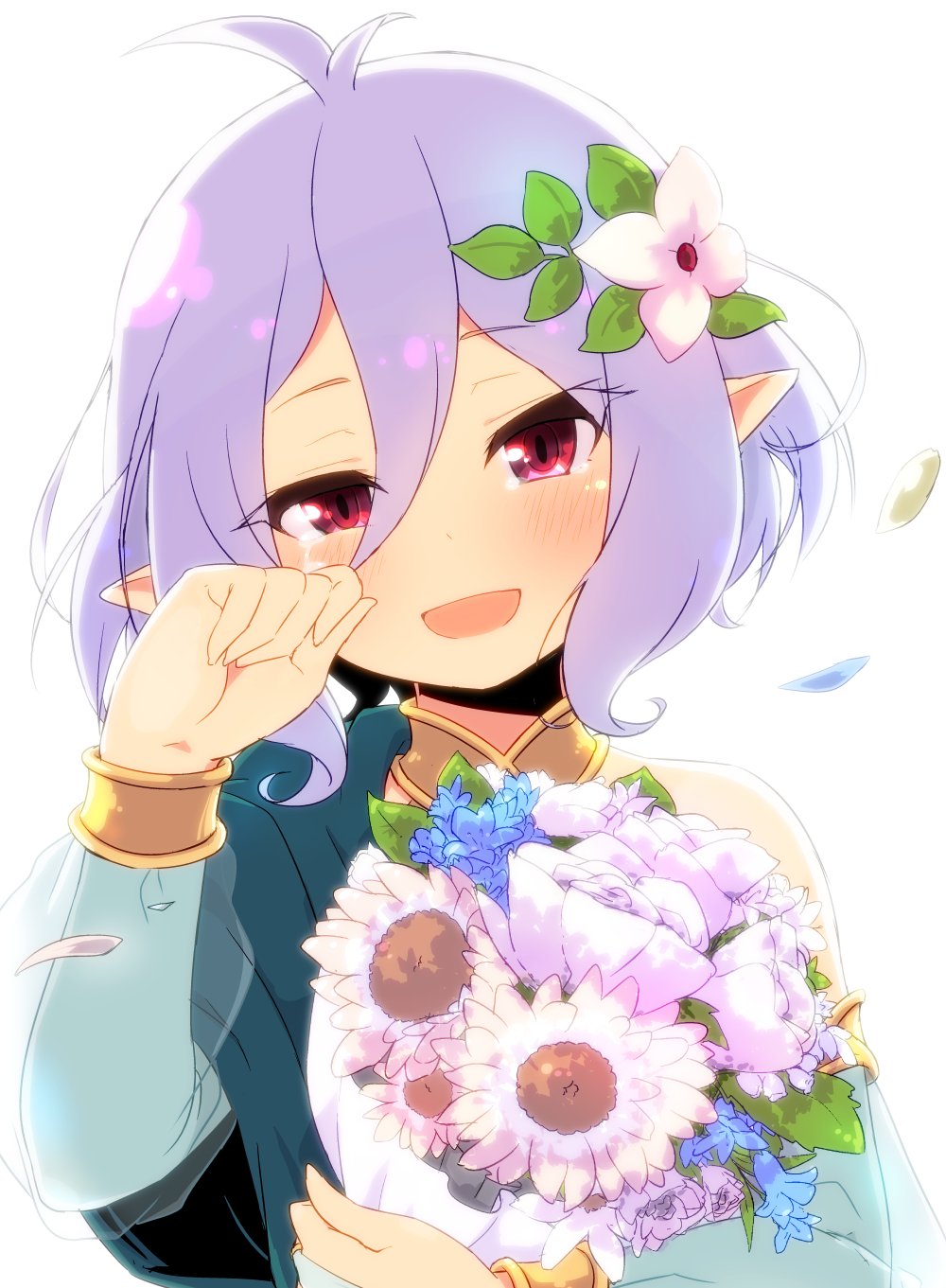 1girl antenna_hair backlighting blush bouquet bracelet collar dress eyebrows_visible_through_hair flower green_dress green_sleeves hair_between_eyes hair_flower hair_ornament head_tilt highres holding holding_bouquet jewelry kokkoro_(princess_connect!) looking_at_viewer petals pointy_ears princess_connect! princess_connect!_re:dive red_eyes see-through see-through_sleeves short_hair silver_hair simple_background solo sw tearing_up tears upper_body white_background wiping_tears