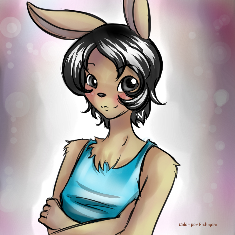 1:1 2014 :3 abstract_background anthro black_eyes black_hair black_nose blush breasts brown_fur chest_tuft clothing crossed_arms eyebrow_through_hair eyebrows female fluffy fur hair haniel james_flynn lagomorph leporid long_ears mammal pichigani rabbit shirt small_breasts smile solo tank_top topwear translucent translucent_hair tuft waist_up