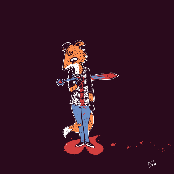 &lt;3 1:1 ambiguous_gender anthro blood blood_on_clothing blood_on_weapon bodily_fluids bottomwear canid canine clothing erbmaster fox gore impalement jeans mammal melee_weapon pants sad simple_background solo standing sword weapon