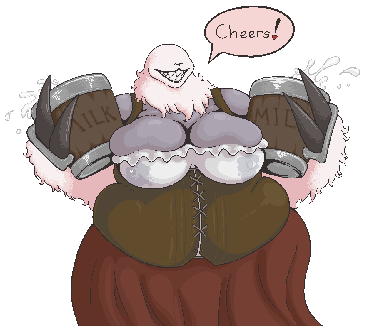 anthro belly big_belly big_breasts bodily_fluids breasts chthon cleavage clothed clothing eyeless female igraine lactating liarborn mammal milk obese obese_female overweight overweight_female simple_background solo text