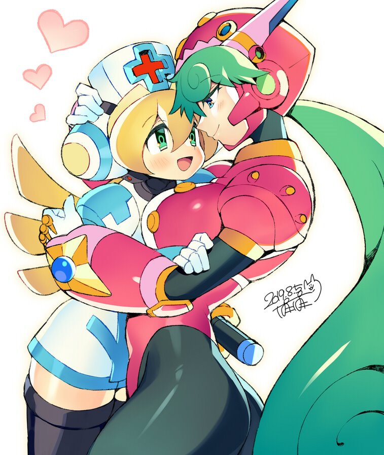 2girls android blonde_hair blue_eyes blush breasts capcom cinnamon closed_mouth dated eyebrows_visible_through_hair green_eyes green_hair hand_on_another's_head hat headgear heart helmet hug iroyopon long_hair looking_at_another marino multiple_girls nurse nurse_cap open_mouth rockman rockman_x rockman_x_command_mission signature smile white_background yuri