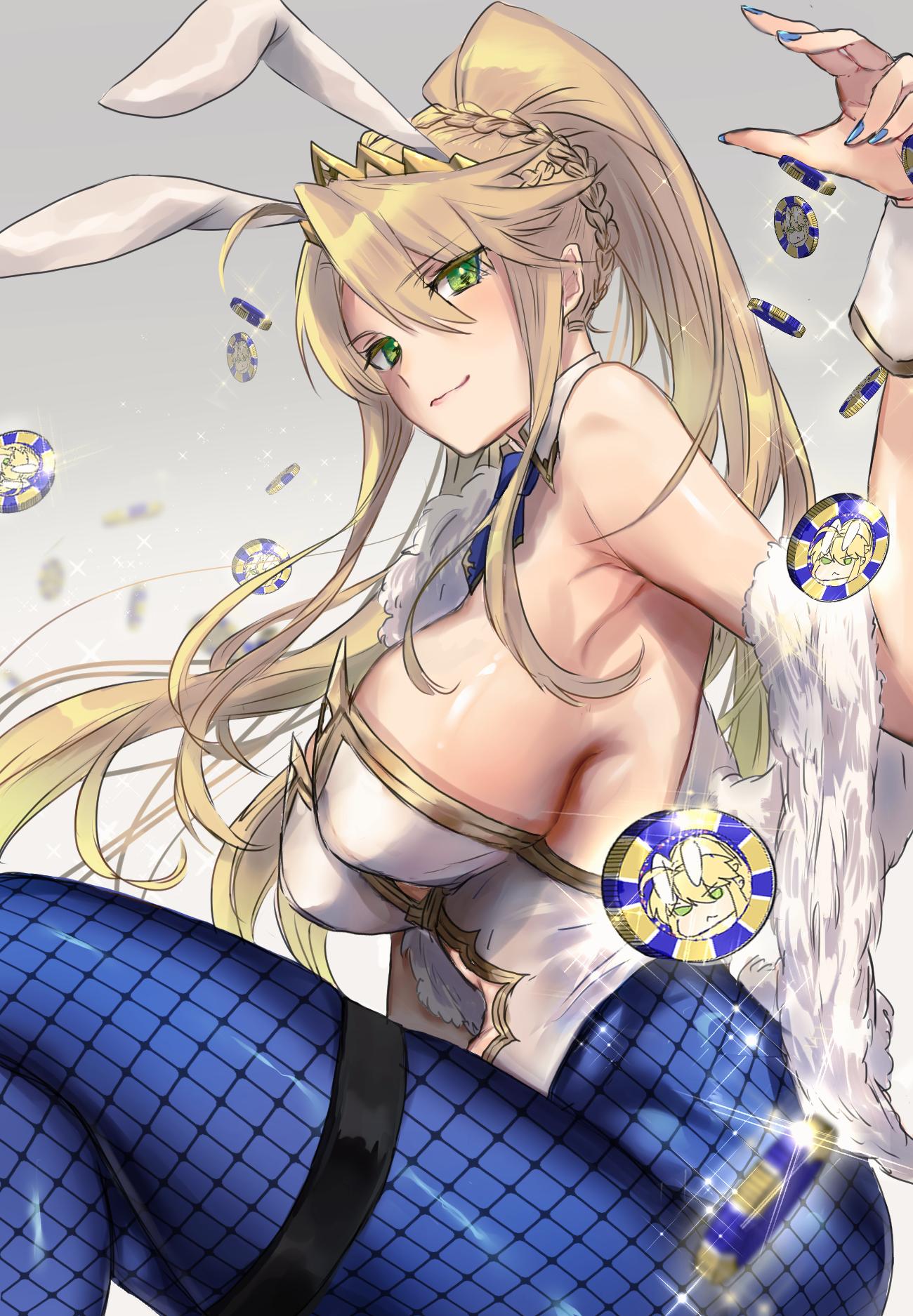 1girl ahoge akebono_kt animal_ears armpits arms_behind_head arms_up artoria_pendragon_(all) artoria_pendragon_(lancer) bangs bare_shoulders blonde_hair blue_legwear blue_neckwear blush braid breasts bunny_ears bunnysuit closed_mouth crown detached_collar eyebrows_visible_through_hair fate/grand_order fate_(series) fishnet_pantyhose fishnets french_braid gradient gradient_background green_eyes grey_background hair_between_eyes highres large_breasts leotard long_hair looking_at_viewer lying navel navel_cutout necktie on_back pantyhose poker_chip ponytail sidelocks solo swept_bangs thighs tiara white_leotard