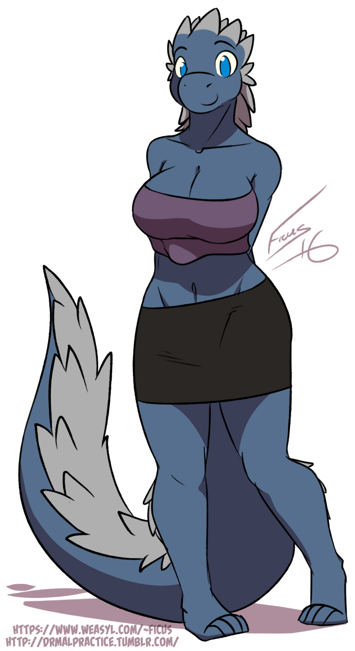 2016 4_toes anthro avoid_posting big_breasts blue_eyes blue_skin bottomwear breasts clothed clothing female ficus grey_scales hands_behind_back hi_res kyli_rouge mammal miniskirt pangolin purple_top scales shadow signature simple_background skirt smile snout thick_tail toes tube_top white_background