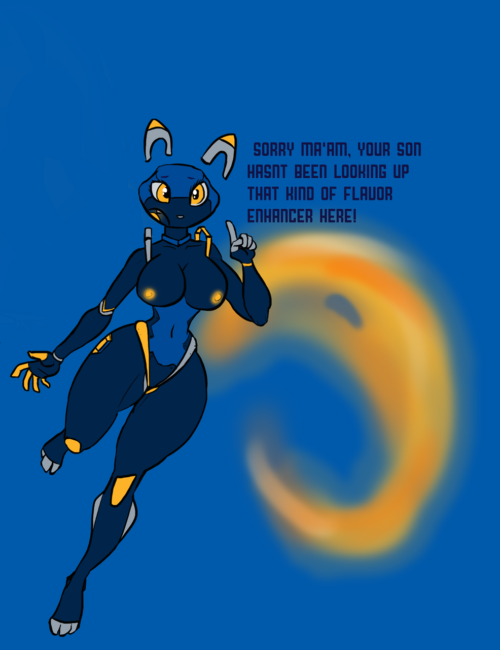 2019 3_toes android animatronic anthro big_breasts biped blue_body breasts dialogue digital_media_(artwork) domestic_cat e621 english_text esix feet felid feline felis female fingers fire floating flying glowing glowing_eyes hi_res huge_breasts humanoid invalid_tag looking_at_viewer machine mammal mascot metal nipples not_furry nude open_mouth robot simple_background smug_nuggets solo text the_truth thick_thighs toes tongue wide_hips yellow_eyes